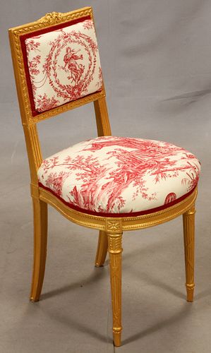 LOUIS XVI, UPHOLSTERED, CARVED GILTWOOD SIDE CHAIR, H 33", W 16" 