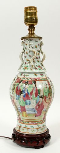 CHINESE EXPORT ROSE MEDALLION VASE C 1850, NOW LAMP, H 14"