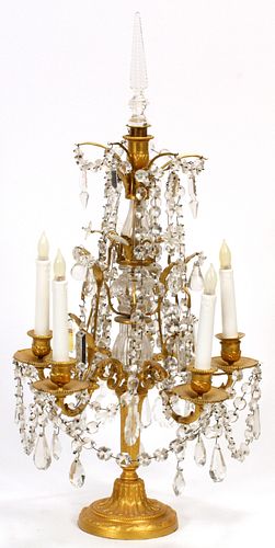 FRENCH DORE BRONZE AND CRYSTAL, 5 LIGHT CANDELABRUM, C. 1870 H 24", DIA 14" 