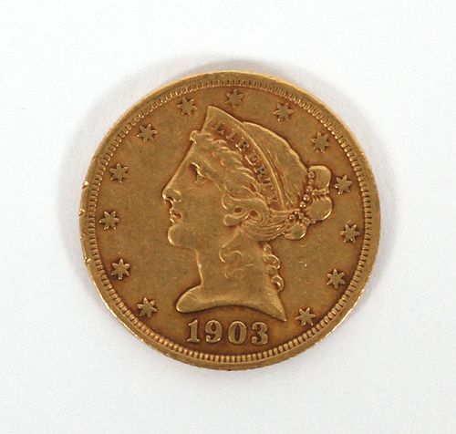 U.S. LIBERTY HEAD, $5.DOLLAR GOLD COIN, 1903-S, L 3" 