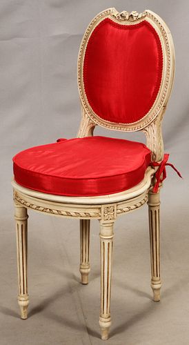 LOUIS XVI STYLE UPHOLSTERED AND CARVED WOOD SIDE CHAIR, H 25", W 16" 