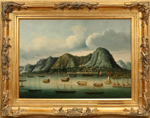 CHINESE QING EXPORT OIL PAINTING, UNSIGNED, 20TH C, H 19", W 27", CHINESE HARBOR SCENE WITH MOUNTAINS 