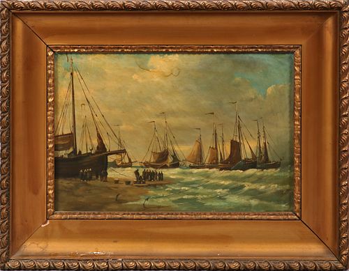 OIL ON CANVAS  C.1860-1920'S, H 15", W 23" (IMAGE), DUTCH PORT SCENE AT LOW TIDE 