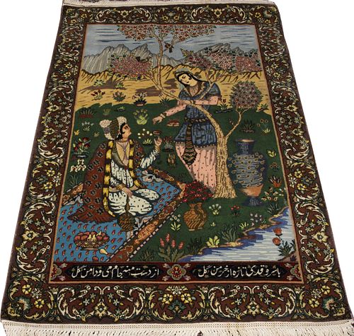 PERSIAN, TABRIZ, PICTORIAL, HAND WOVEN WOOL RUG, W 3' 4", L 4' 9" 