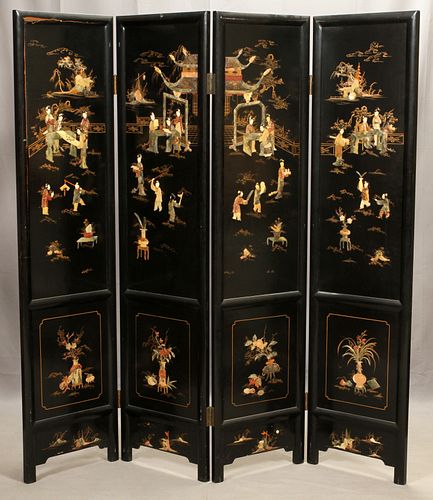 CHINESE LACQUERED AND HARDSTONE, 4 PANEL SCREEN, H 6', W 18" (EACH) 