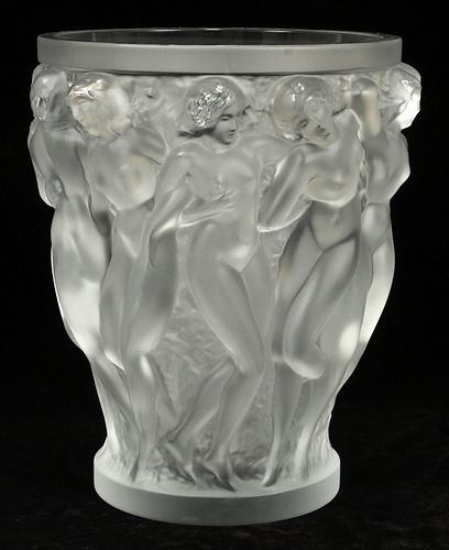 LALIQUE CRYSTAL MOLDED AND FROSTED BACCHANTES VASE H 10" 