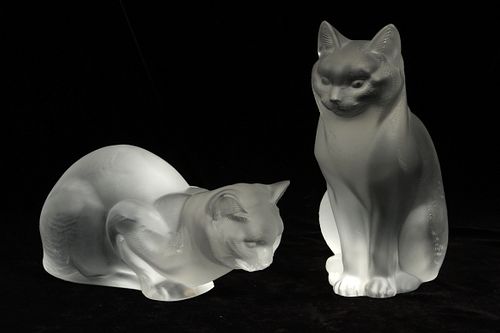 LALIQUE CRYSTAL CAT FIGURINES, 2 PCS, H 4"-8.5" 
