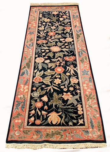 INDO PERSIAN, HAND WOVEN WOOL BLUE RUG, W 2' 6", L 7' 9" 