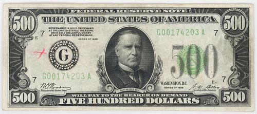 U.S. $500.DOLLAR 1928 SERIAL #G00174203A U.S.TREASURER: WOODS, SECRETARY MELLON, FED-RESERVE PAPER CURRENCY NOTE W 3", L 6.5"