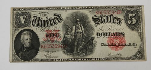 U.S., $5.00 DOLLAR LARGE NOTE, 1907, RED SEAL, H 4", W 9" 