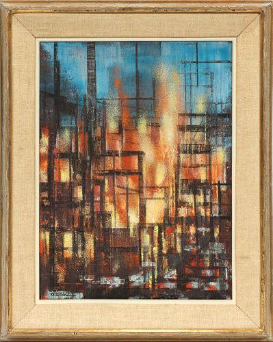 RICHARD ABERLE FLORSHEIM (AMER, 1916-1979), OIL ON CANVAS, H 24", W 18", CITYSCAPE 