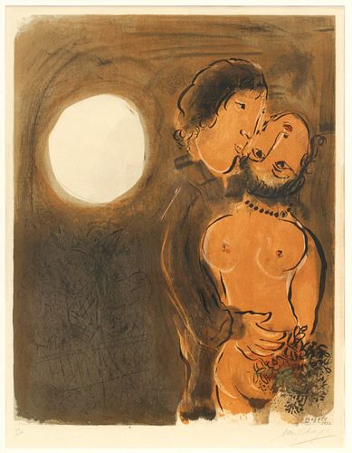MARC CHAGALL (RUSSIA/FRENCH, 1887-1985), COLOR LITHOGRAPH ON PAPER, 1952, #34/100, H 25", L 19", "COUPLE IN OCHRE" 