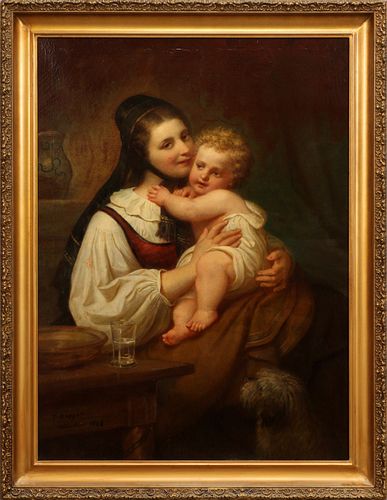 ATTRIBUTED TO THEODOR KOPPEN (GERMAN, 1828-1903), OIL ON CANVAS, 1868, H 48", W 36", MOTHER AND CHILD WITH DOG 