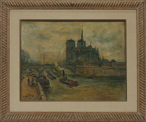 GUSTAVE MADELAIN (FRENCH, 1867-1949), OIL ON MASONITE, H 19", W 25", "ISLE DE LA CITE, PARIS" 