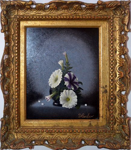 EDWARD ANTHONY HERBES (AMER. 20TH C TEXAS), OIL ON CANVAS, 1974, H 9", W 7", PETUNIAS 
