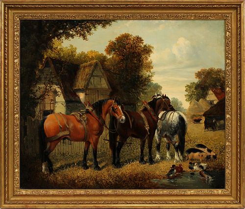 WILLIAM GEORGE MEADOWS (BRITISH, CA. 1825–1901), C.1894, OIL ON CANVAS, 25" X 30", FARM SCENE 