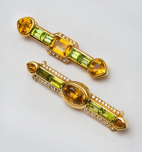 TWO 18K GOLD, CITRINE AND PERIDOT BAR BROOCHES