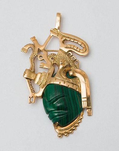 14K GOLD AND MALACHITE BROOCH IN AN AZTEC MOTIF