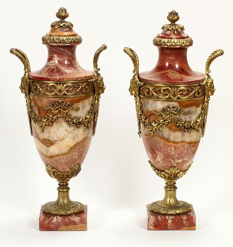 FRENCH ONYX AND BRONZE COVERED URNS, 19TH.C. PAIR, H 24.5", L 11"