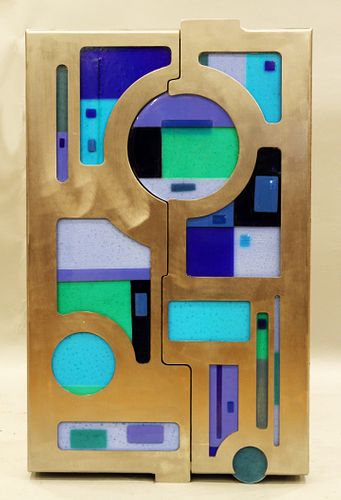 RENATO FOTI CUSTOM-MADE FUSE GLASS & STAINLESS STEEL DECO DESIGN CABINET, SIGNED & DATED '03, H 39", W 24", D 10.5" 