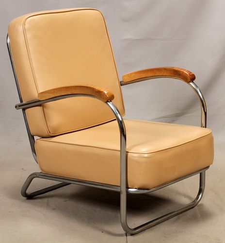 TUBULAR LEATHER UPHOLSTERED ARM CHAIR, C. 1930, H 34", W 24"