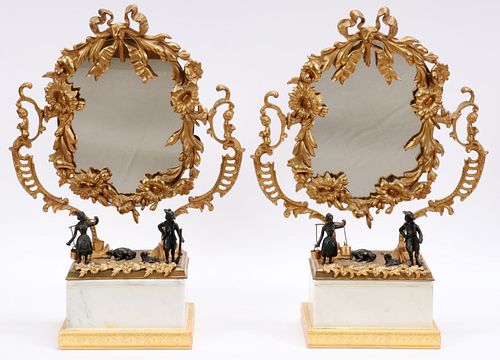 FRENCH BRONZE AND MARBLE EMPIRE MIRRORS, PAIR, H 23", W 16" 