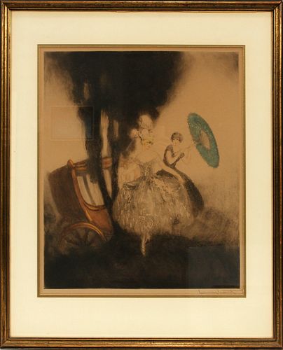 LOUIS ICART (FRENCH, 1888-50), ETCHING, 1948, H 21", W 17.5", "THE COACH" 