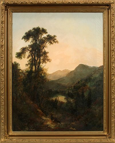 UNSIGNED 19TH C. OIL ON CANVAS, H 38", W 29", MOUNTAIN LANDSCAPE WITH DEER 