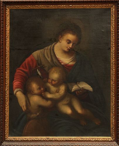 OLD MASTER STYLE, OIL ON CANVAS, MADONNA WITH THE INFANTS JESUS AND ST. JOHN , C. 1900, H 38", W 29" 