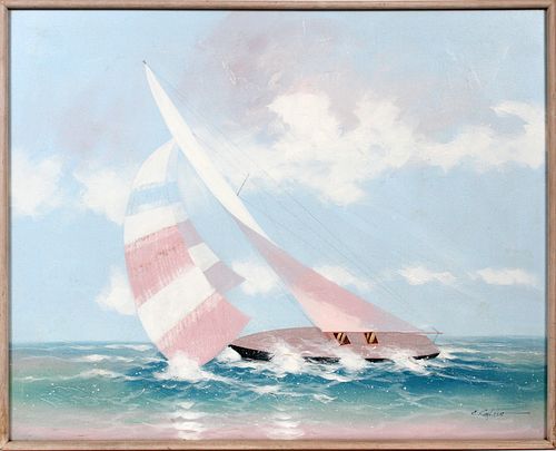 CARLSEN (AMER 20TH C), ACRYLIC MIXED MEDIA ON CANVAS, LATE 20TH C, H 39", W 49", "GLIDING THE WAVES" 
