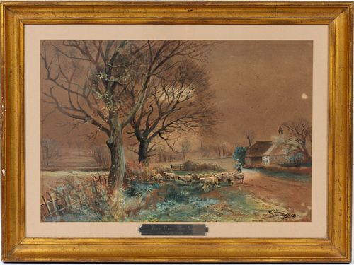 HENRY CHARLES FOX R.B.A. (BRITISH 1860-1925) WATERCOLOR ON PAPER C.1918 H 14" W 23" "VIEW NEAR READING" 