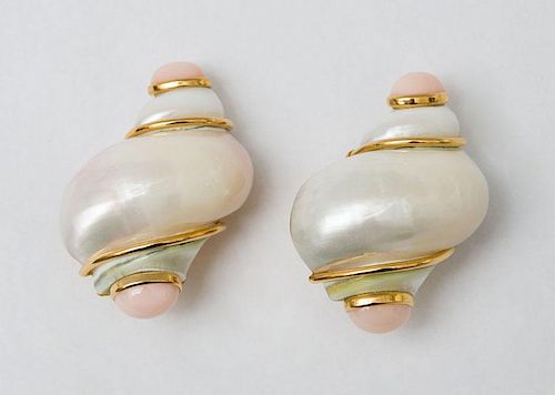 PAIR OF SEAMAN SCHEPPS 18K GOLD, TURBO SHELL AND PINK CORAL EARCLIPS