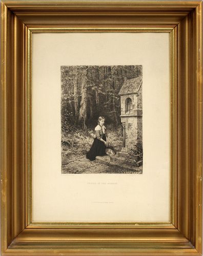 AFTER HUBERT SALENTIN (GERMAN, 1822-1910), ETCHING ON PAPER, H 8", L 6", "PRAYER IN THE FOREST" 