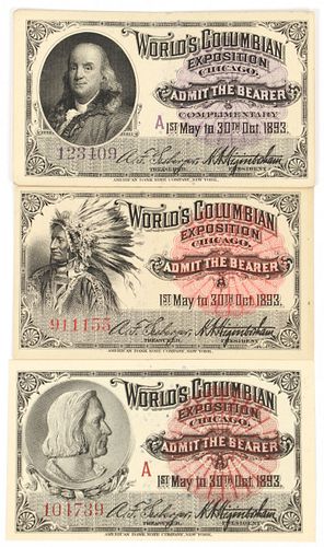 1893 WORLD'S COLUMBIAN EXPOSITION CHICAGO ENTRY TICKETS (3) 