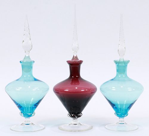 MURANO GLASS PERFUME BOTTLES, 3 PCS. H 9.5" - 10.5", DIA 3.75" 