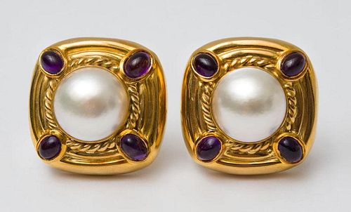 PAIR OF ITALIAN 18K GOLD, MABE PEARL AND AMETHYST EARCLIPS