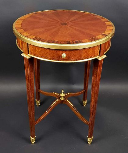 French Gilt Bronze Mounted Kingwood Rosewood & Parquetry Round Table Louis XVI Style, Circa 1890