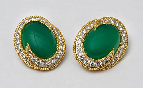 PAIR OF WEBB 18K GOLD, PLATINUM, DYED GREEN CHALCEDONY AND DIAMOND EARCLIPS
