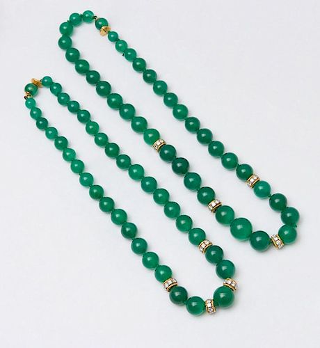 PAIR OF 18K GOLD, PLATINUM, DIAMOND & DYED CHALCEDONY BEAD NECKLACES