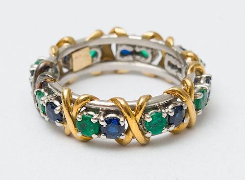 14K YELLOW GOLD, WHITE GOLD, EMERALD AND SAPPHIRE RING
