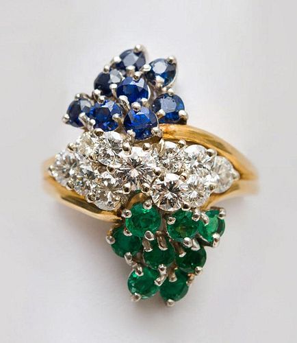 14K GOLD, DIAMOND, SAPPHIRE AND EMERALD COCKTAIL RING
