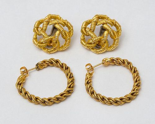 PAIR OF MERRIN 18K GOLD KNOT EARRINGS AND A PAIR OF 14K GOLD TEXTURED HOOPS
