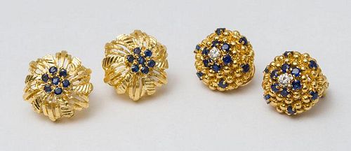 TWO PAIRS OF 18K GOLD AND SAPPHIRE EARCLIPS
