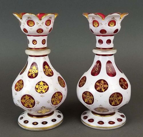 Pair of 19th C. Bohemian Diamond Cut Vases