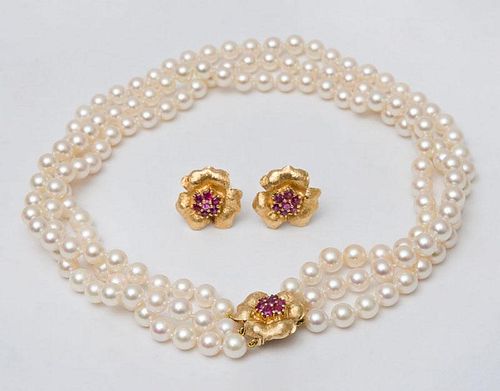 THREE STRAND PEARL NECKLACE WITH GOLD AND RUBY CLASP AND A PAIR OF MATCHING 14K GOLD AND RUBY EARRINGS