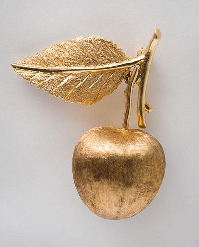 14K GOLD CHERRY AND LEAF-FORM BROOCH