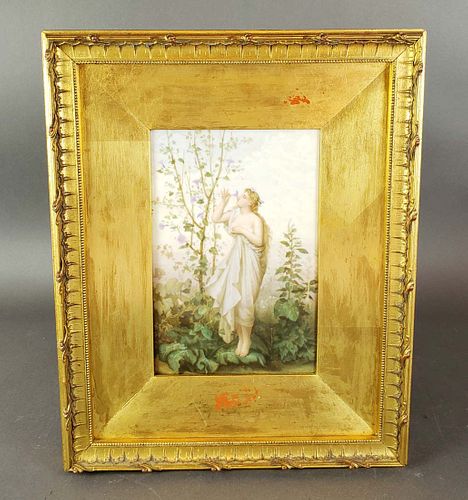 19th C. Framed KPM Porcelain Plaque of Woman in Garden