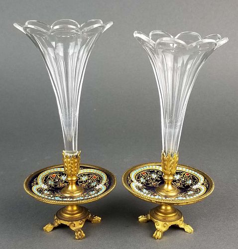 Pair of French Champleve Enameled Baccarat Crystal