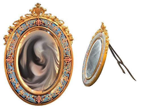 19th C. French Champleve Enamel Bronze Mirror
