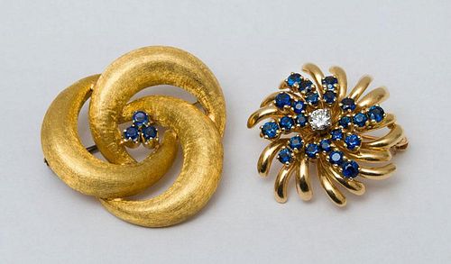 FORUM 14K GOLD, SAPPHIRE AND DIAMOND BROOCH AND A 18K GOLD AND SAPPHIRE BROOCH